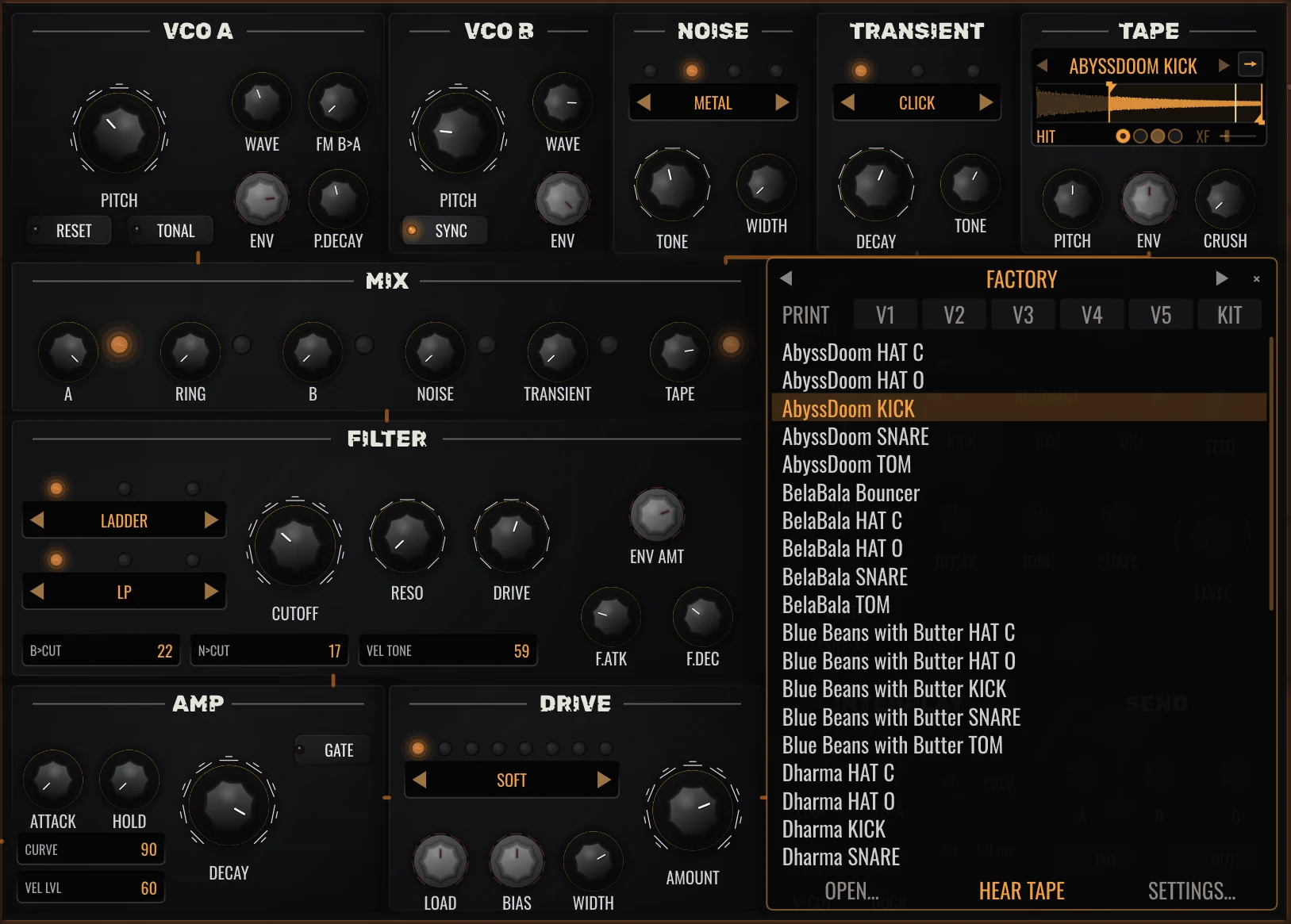 The tape list open over voice 1: PRINT with V1 to V5 and KIT along its top, and the factory tapes below it.