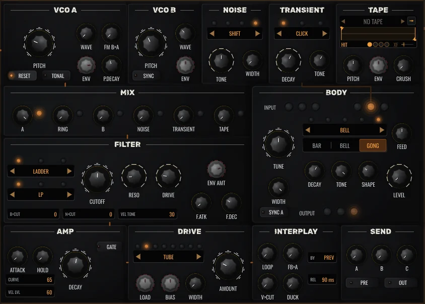 One voice's face: VCO A and VCO B, noise, transient, tape, the mixer, the filter, the body, amp envelope, drive, interplay and the three sends.
